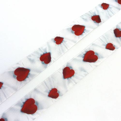 5m ruban coeur plat 25mm en polyester rouge sur fond blanc, gris 