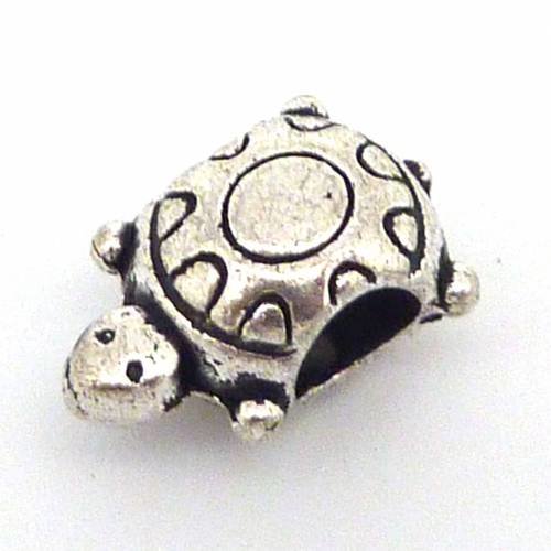 Perle tortue 14mm en métal argenté, à gros trou 4,8mm