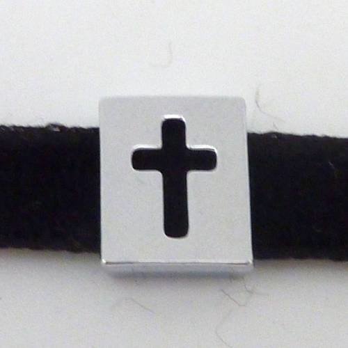 Perle passant 10mm rectangle croix en métal argenté brillant lisse 