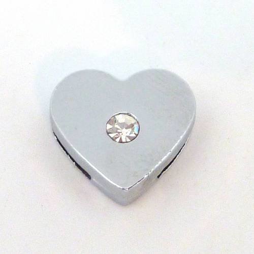 Perle passant coeur 13,6mm en métal argenté brillant orné d'un strass 