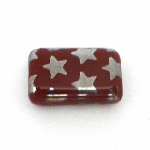 Perle rectangulaire en verre motif étoile argenté et fond marron rou