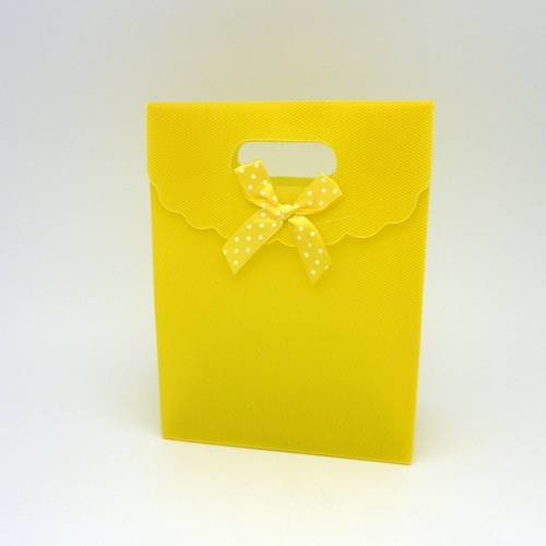 Pochette cadeaux uni jaune plastifié mat avec noeud jaune à pois bla