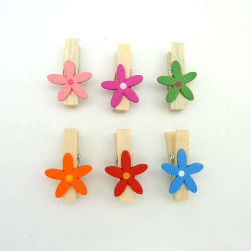 Lot de 6 mini pinces à linge fleur en bois 35mm 