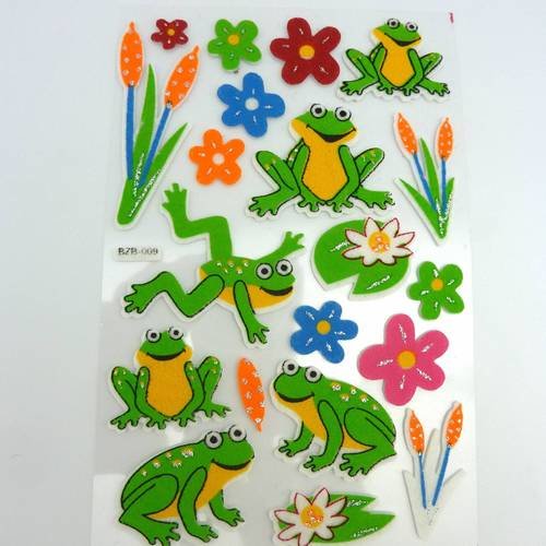 Stickers fleurs et grenouilles style feutrine - 20 stickers 