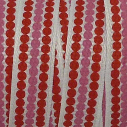 Ruban galon plat pois rouge et rose sur fond blanc 10mm de large