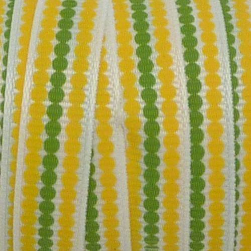 1m ruban galon plat pois vert et jaune sur fond blanc 10mm de large 