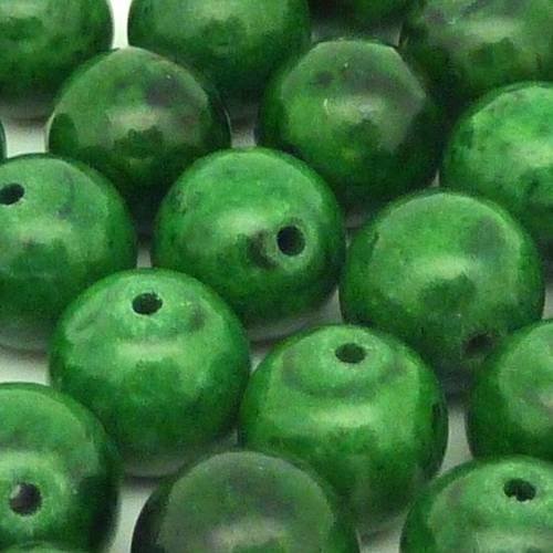 2 perles ronde, boule en pierre teinte verte marbré de noir 11mm 