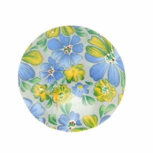 Cabochon rond en verre, porcelaine vintage motif fleur bleu - 42,3mm