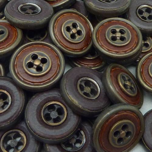 4 boutons connecteur vintage rond cuir marron et métal bronze 18,6mm