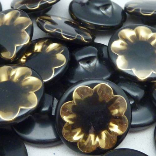 2 boutons moulé connecteur vintage rond fleur doré, noir 20,1mm