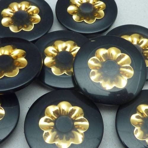 Bouton moulé connecteur vintage rond fleur doré et noir 28,3mm 