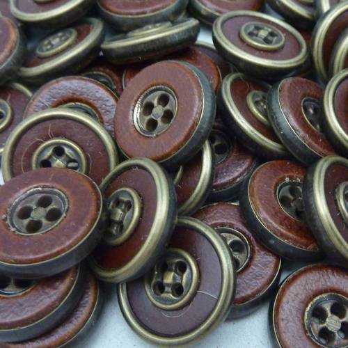 6 boutons 16,2mm connecteur vintage rond cuir marron et métal bronze