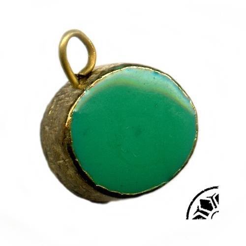 Pendentif, perle en métal doré émaillé vert / turquoise