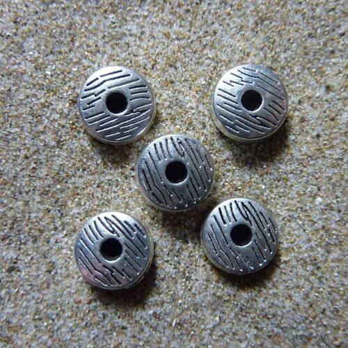 5 perles rondelle, connecteur en métal argenté, gravé 8,1mm