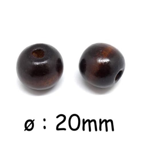 10 grosses perles 20mm ronde en bois marron foncé