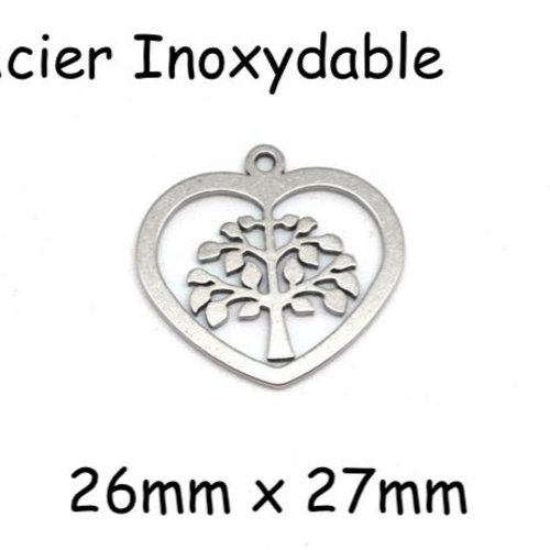 Pendentif coeur avec arbre de vie en acier inoxydable argenté 26mm