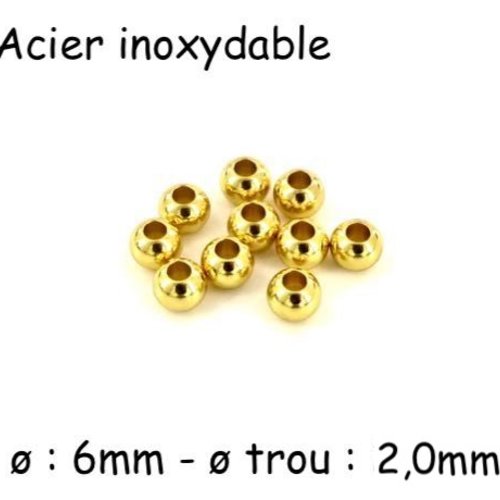 10 perles ronde 6mm doré en acier inoxydable couleur or - trou 2mm