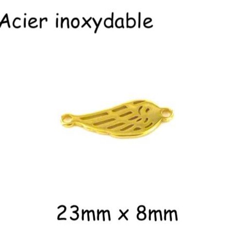 2 perles connecteur plume en acier inoxydable doré - aile d'ange