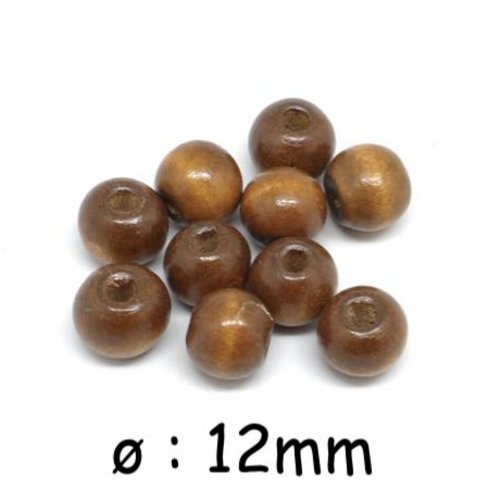 50 perles 12mm rondes en bois couleur marron noisette