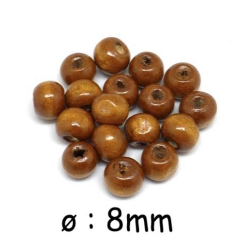 100 perles en bois 8mm ronde marron caramel