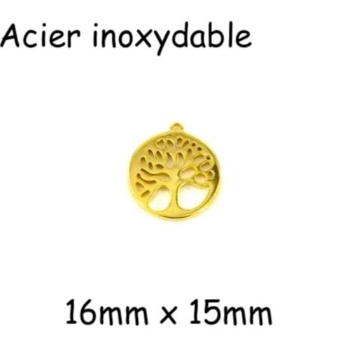 2 breloques arbre de vie doré en acier inoxydable 15mm