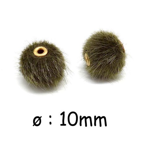 2 perles pompon ronde vert kaki 10mm imitation fourrure