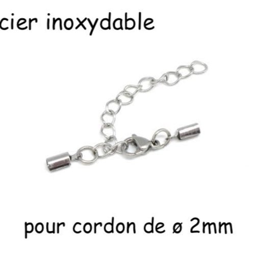 Fermoir serre fil pour cordon de 2mm en acier inoxydable argenté avec mousqueton et chainette de rallonge