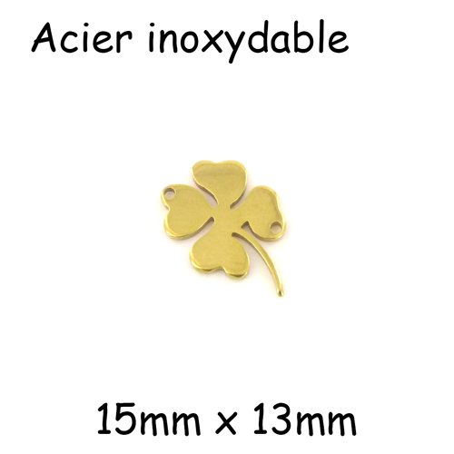 2 perles connecteur porte-bonheur à trèfle 4 feuilles en acier inoxydable doré - 15 x 13mm