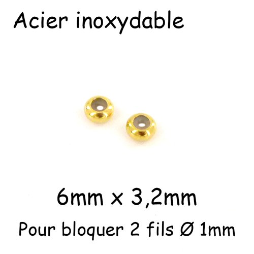 2 perles stoppeur fermoir réglable en acier inox doré 6mm pour 2 cordons de 1mm