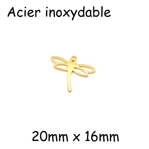 2 breloques libellule ajourée doré en acier inoxydable - 20mm