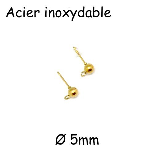 4 supports clous d'oreilles en acier inoxydable doré - puces avec boule 5mm - 2 paires