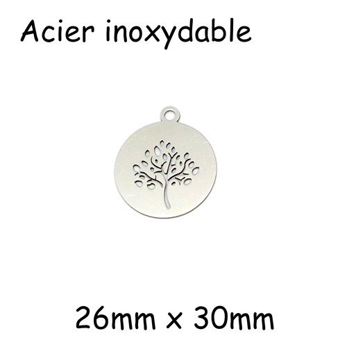 Pendentif sequin arbre de vie en acier inoxydable argenté - 26x30 mm