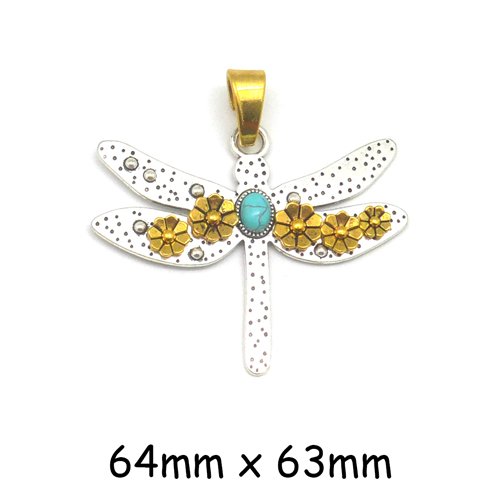 Grand pendentif libellule avec fleurs en métal argenté et doré, et perle bleu turquoise - 6,5cm