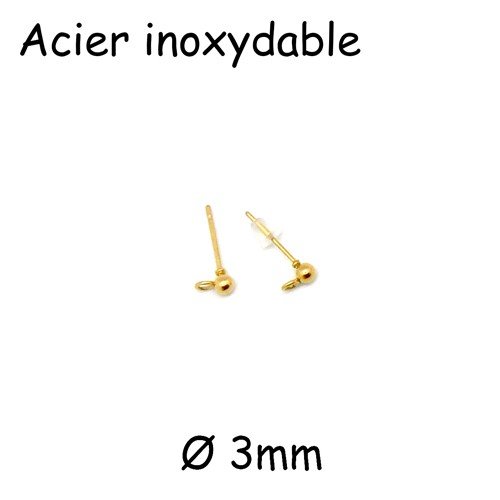 4 supports boucle d'oreille clou avec boule 3mm en acier inoxydable doré - avec attache plastique
