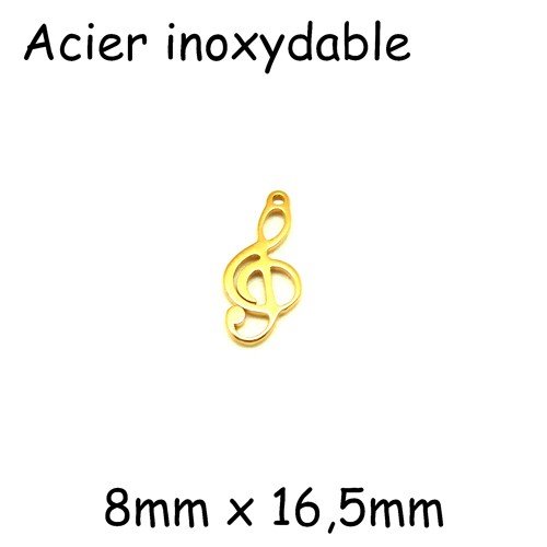 2 breloques clé de sol doré, note de musique en acier inox doré 16,5mm