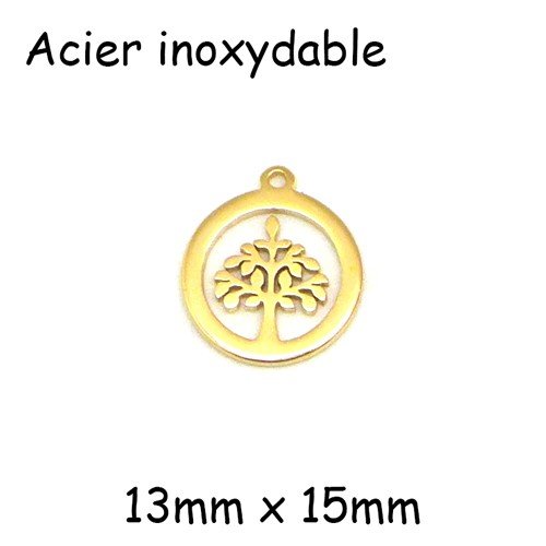 2 mini breloques arbre de vie en acier inoxydable doré - 13mm x 15mm - sequin arbre de vie