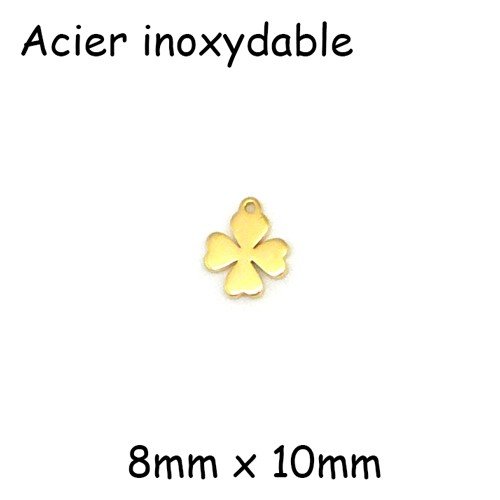 4 mini pendentifs trèfle à 4 feuilles, porte-bonheur doré en acier inoxydable - 8mm x 10mm