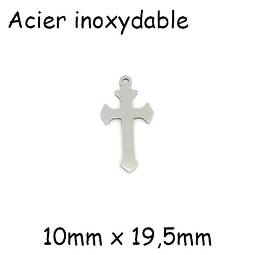 4 breloques croix argenté en acier inoxydable 10 x 19,5mm