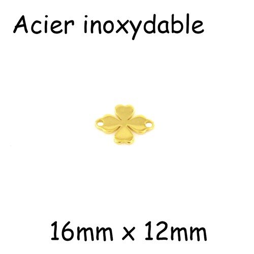 2 perles connecteur trèfle à 4 feuilles porte-bonheur en acier inox doré - 16mm x 12mm