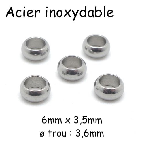 20 perles ronde 6mm en acier inoxydable argenté à gros trou de 3,6mm - rondelle 6mmx3,5mm