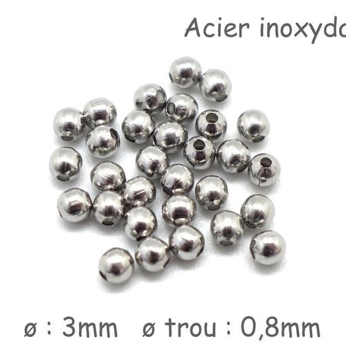 100 perles ronde 3mm en acier inoxydable argenté