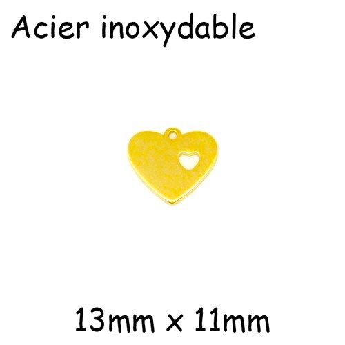 2 breloques coeur avec coeur évidé en acier inoxydable doré - 13mm x 11mm