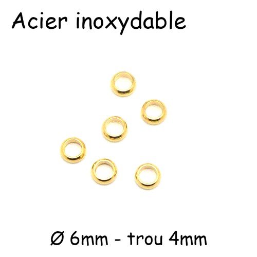5 perles rondelle 6mm en acier inoxydable doré - à gros trou 4mm