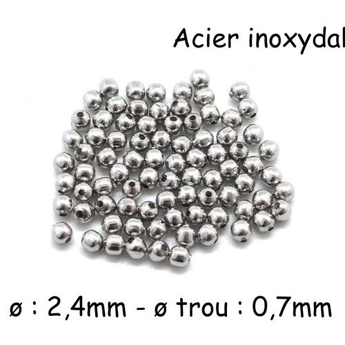 100 petites perles ronde en acier inoxydable argenté 2,4mm