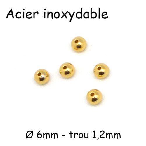 5 perles ronde 6mm en acier inoxydable doré - trou de 1,2mm