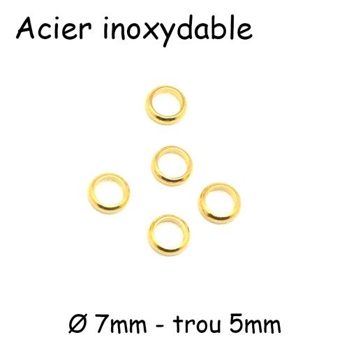 5 perles rondelle 7mm en acier inoxydable doré à gros trou 5mm