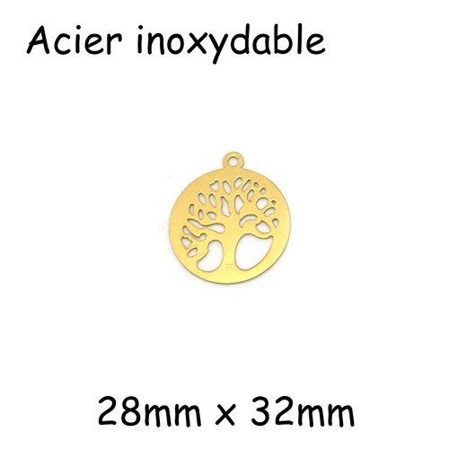 Grand pendentif arbre de vie doré en acier inoxydable - 28x32mm