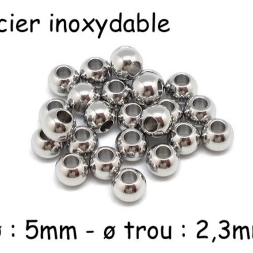 20 perles ronde 5mm en acier inoxydable argenté pour cordon de 2mm