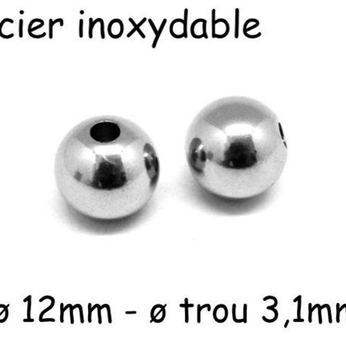 4 perles ronde 12mm en acier inoxydable argenté