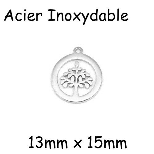 5 mini pendentifs arbre de vie en acier inoxydable argenté - 13mm x 15mm - sequin arbre de vie